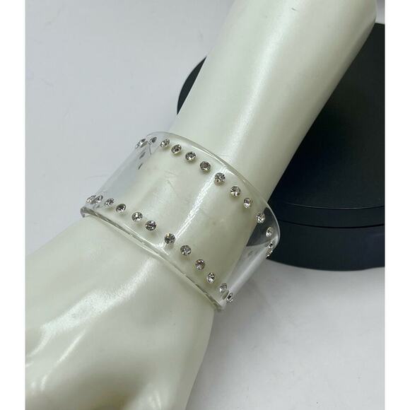 Clear High End Wide Lucite Rhinestone Cuff Bracelet - Picture 2 of 10